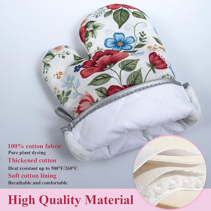 Floral Oven Mitts and Pot Holders Sets 2 Pcs, Canvas Heat Resistant Kitchen Mittens with Hot Pads, Vintage Farmhouse Country Decor, Non-Slip Cooking Baking Grilling Gifts for Women Mom (Flower3)