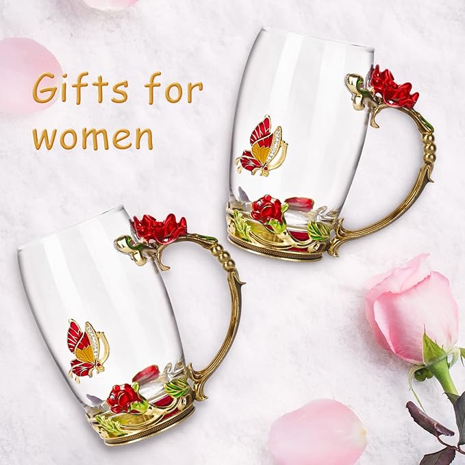 OEAGO Gifts for Women Mom Mothers Tea Cup Best Birthday Butterfly Rose Gifts for Her from Daughter Son Glass Coffee Christmas Enamels Mug Lead-Free with Spoon Set - Image 7