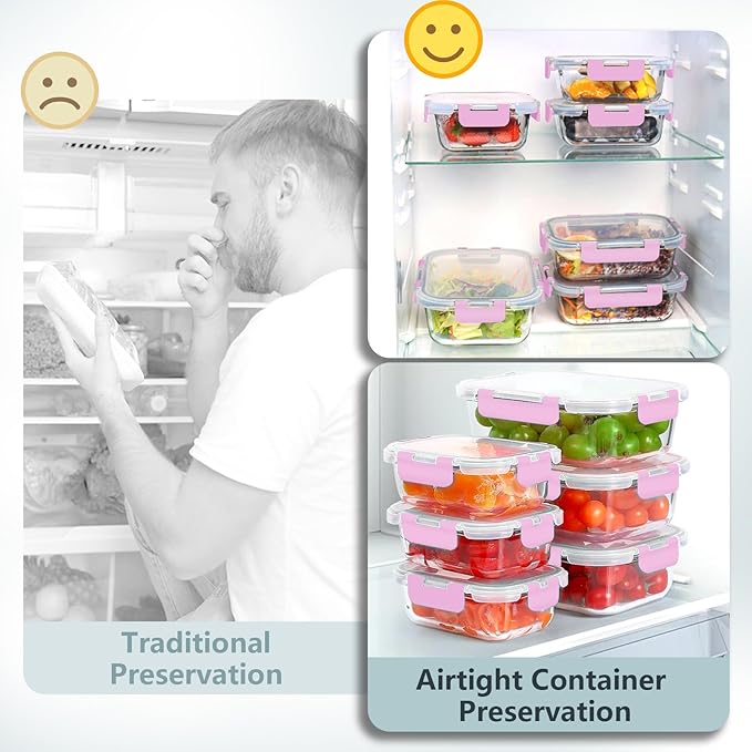 12 Pack Glass Meal Prep Food Storage Containers with Lids Airtight Stackable, Microwave, Oven, Freezer and Dishwasher Safe(Pink) - Image 5