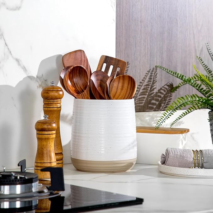 6.8" Large Ceramic Kitchen Utensil Holder - Utensil Holder for Kitchen Counter, Modern Farmhouse Style Holder for Spoons, Spatulas & Cooking Tools (White) - Image 5