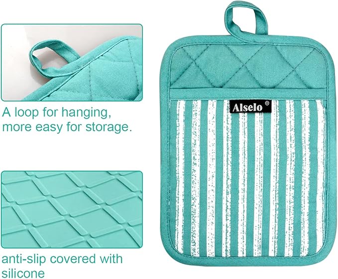 Alselo Silicone Pot Holders Set of 3 Heat Resistant & Non Slip Potholders, Professional Oven Hot Pads with Pockets Mitts for Kitchen Cooking Baking Barbecue - Image 3