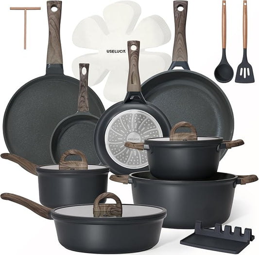 Pots and Pans Set Nonstick 22 Pcs, Ceramic cookware set Non-Toxic CoatingGray Granite Kitchen Cookware Set, Induction Kitchen Cooking Set w/Frying Pans, Saucepans & Glass Lids, PFOS & PFOA Free by useluck