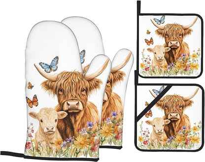 Highland Cow Flower Oven Mitts with Matching Potholders - Heat Resistant Kitchen Accessories for Baking, Grilling, Cooking, Gifts for Women