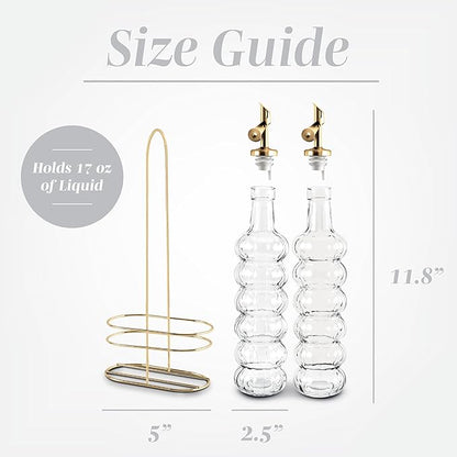 COOK WITH COLOR Glass Olive Oil Bottle Dispenser - 2 Pack- 17oz Oil and Vinegar Cruet - Olive Oil Carafe Decanter for Kitchen, Elegant Waves, Clear - Image 3