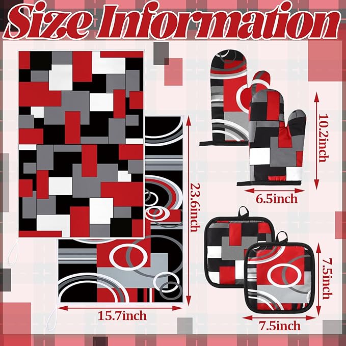 Jingmore 6 Pcs Kitchen Decor Set Accessorie Farmhouse Kitchen Towels Pot Holders Oven Mitts Set 2 Dish Towels 2 Pot Holders 2 Cooking Mittens Oven Glove for Cooking(Red and Black,Geometric) - Image 4
