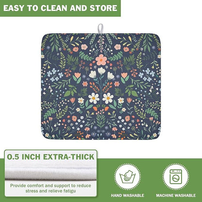 Floral Dish Drying Mat for Kitchen Counter Rustic Flower Leaves Print Microfiber Dish Drainer Mat Farmhouse Floral Absorbent Washable Drying Pad 16"x18"