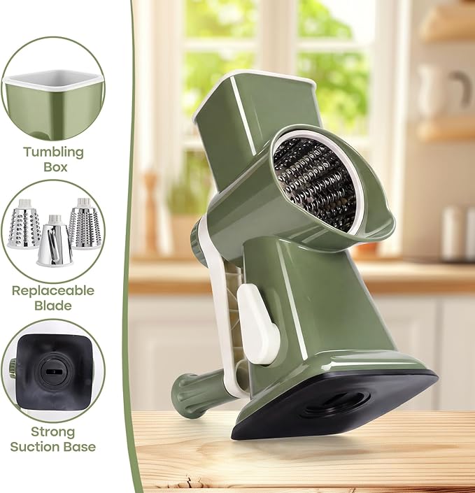 Rotary Cheese Grater,Cheese Shredder Hand Crank, Manual Cheese Grater for Veggies, 3-Blade Grater, Home Kitchen Appliances and Kitchen Gadgets - Image 6