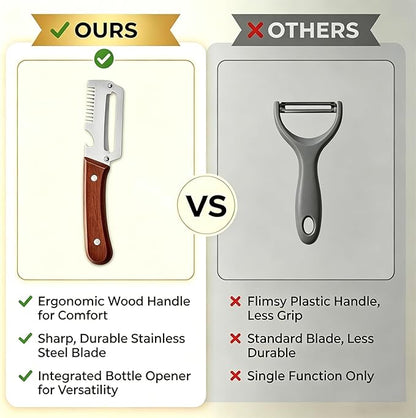 2PCS Multi-Functional Vegetable Peeler for Kitchen with Wooden Handle and Bottle Opener, 3 in 1 Stainless Steel Green Onion Slicer Kitchen Gadgets Tool for Fruit Veggie Potato Pumpkin Apple Carrot - Image 8