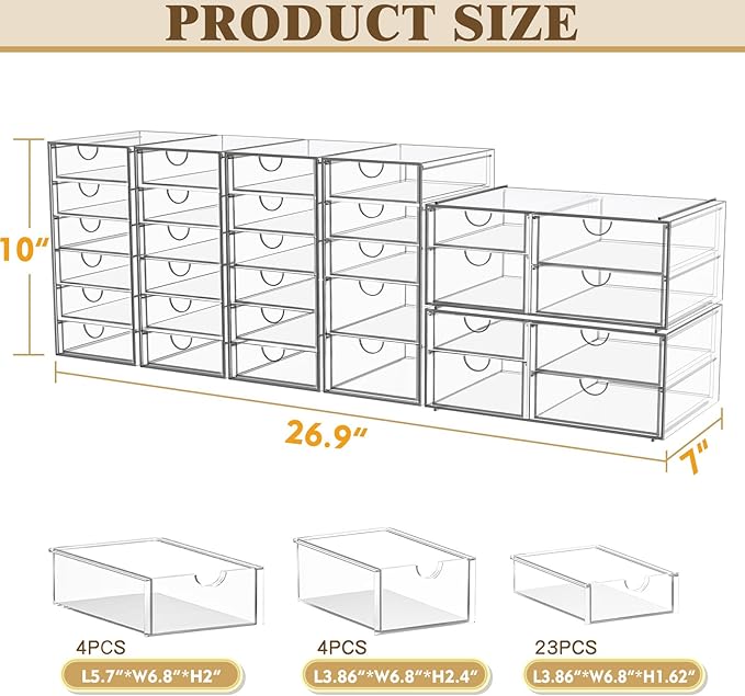 YFXCVSL Acrylic Makeup Organizer with 31 Drawers, 6 Pack Clear Storage Drawers, Bathroom Makeup Organizer for Palettes, Cosmetic, and Beauty Supplies,Ideal for Vanity, Cabinet,Desk Organization - Image 3