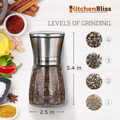 Professional Salt and Pepper Grinder Set – Premium Stainless Steel Salt and Pepper Shakers with Ceramic Spice Grinder Mill for Adjustable Coarseness - Added Bonus a Bamboo spoon and a Cleaning Brush.