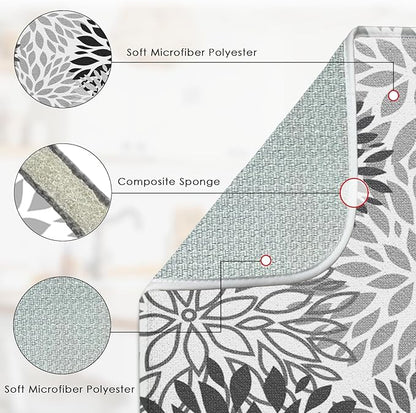 Sanwarm Absorbent Dish Drying Mat, Vintage Spring Leaf Gray Floral Flower Microfiber Pad for Kitchen Counter, Coffee Bar Decor, Heat Resistant and Reversible, 16" x 18"