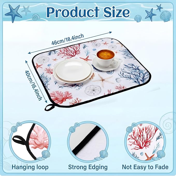 Breling Summer Dish Drying Mat Beach Kitchen Dry Mat 16 x 18 Inch Seahorse Blue Coral Table Dishes Pad Microfiber Absorbent Drying Reusable Washable Pad Kitchen Accessories for Home Decor