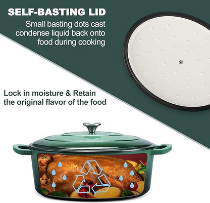 E-far 5QT Oval Dutch Oven Pot with Lid, Enameled Cast Iron Dutch Oven with Dual Handles, Heavy-Duty Cookware for Sourdough Bread Baking, Braising, Stews, Oven Safe & Easy Clean, Dark Green