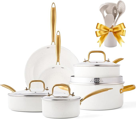 Pots and Pans Set - VONIKI Nonstick Granite Cookware Set, Gold Kitchen Cookware Sets, Non Toxic Cooking Pot Set, PFOA Free, Oven & Dishwasher Safe - Ideal Gift for Home Chefs by VONIKI