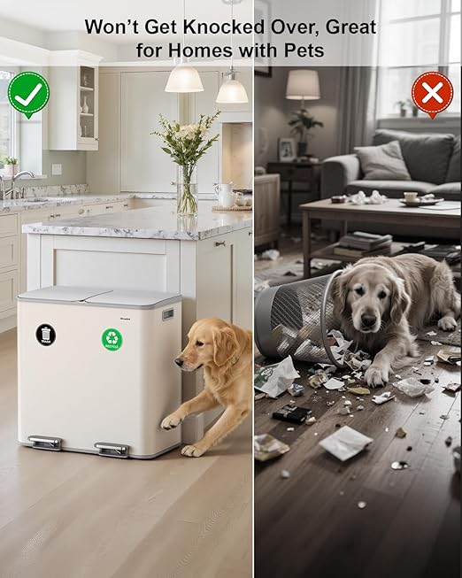 Lovewind 2×11.5 Gallon Dual Trash Can, Stainless Steel Dual Garbage and Recycling Can with Foot Pedal, 90° Stay-Open Lid, Large Dual Compartment Trash Recycling Bins Kitchen, Apricot