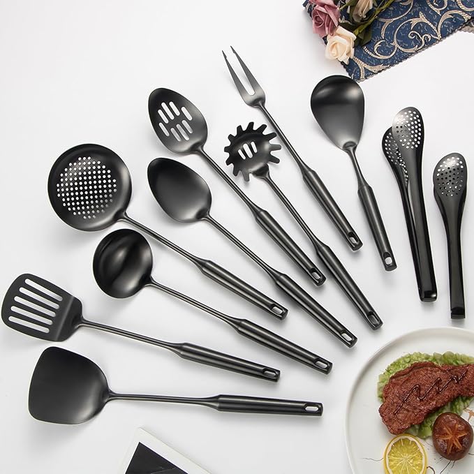 304 Stainlss Steel Matte Kitchen Utensils Set, 11 Pcs Long Metal Cooking Utensil Gadgets Tools Set with Spatula, Ladle, Spoon, Ladle, Skimmer, Tunner, Pasta Server, Tongs(Black, Dishwasher Safe) - Image 7