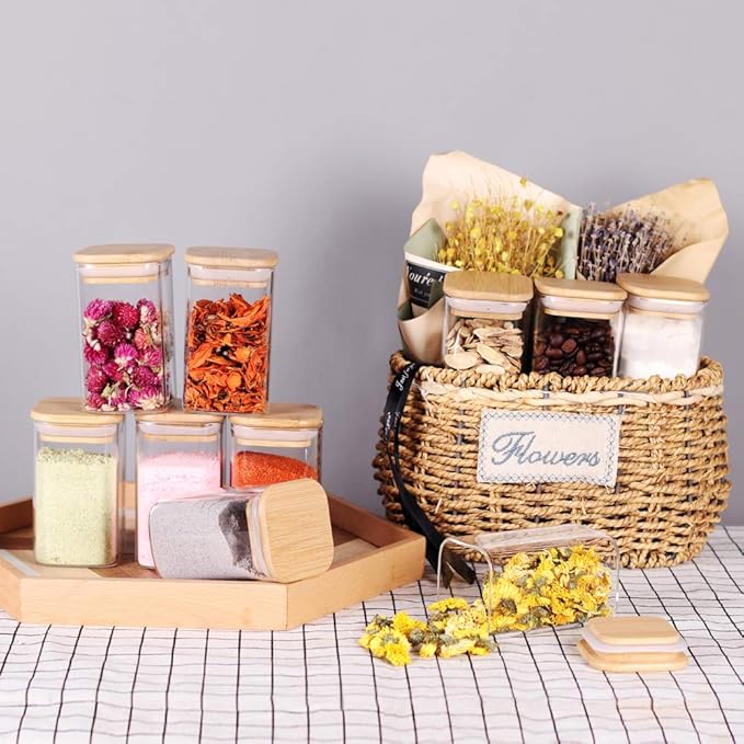 Tzerotone 10 Pcs Glass Spice Jars - 8oz Empty Square Spice Storage Containers With Bamboo Airtight Lid and Labels - Thicken Small Glass canister for Kitchen Seasoning,Coffee Bean,Tea,Suger,Herbs - Image 3