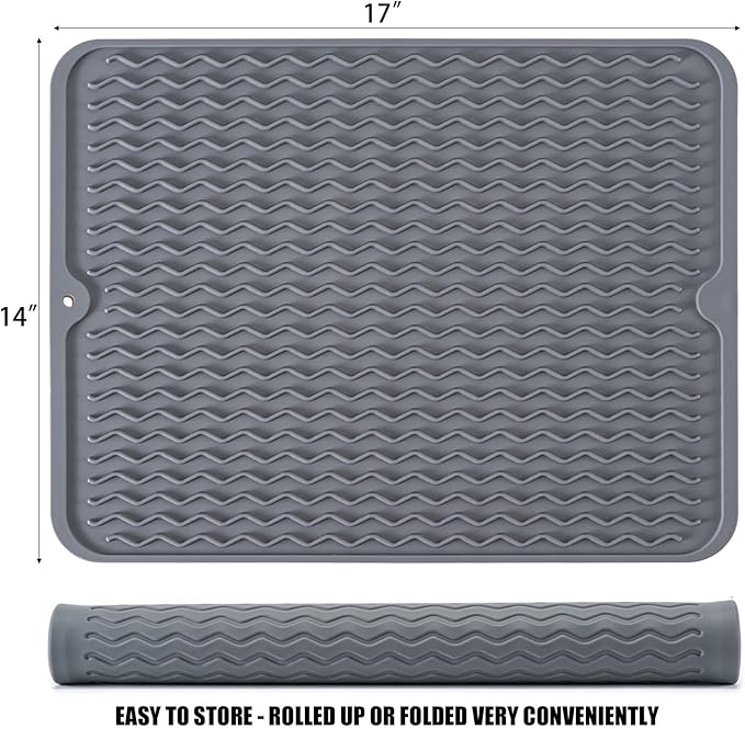 Large 17" x 14" Silicone Dish Drying Mat for Kitchen Counter, Easy clean, Quick Dry, Heat-resistant Dish Drainer Mat for Sink,Refrigerator or Drawer liner (Food Grade Silicone-Grey) - Image 2