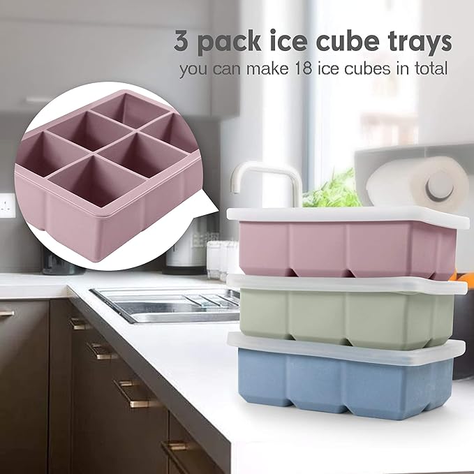 Excnorm Silicone Ice Cube Trays 3 Pack - Large Size Silicone Ice Cube Molds with Leak Proof Removable Lid Square Ice Cube Tray And BPA Free for Cocktail,Whiskey, Stackable Flexible Ice - Image 4
