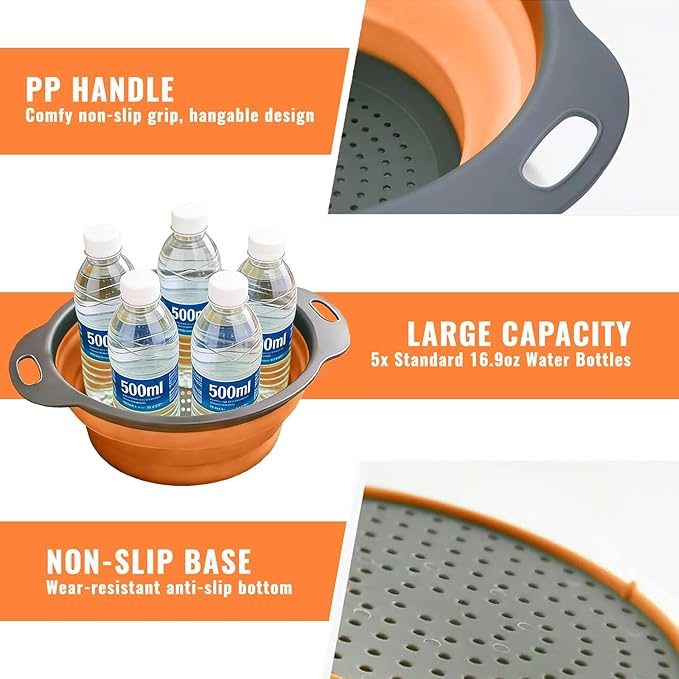 2 Pack Collapsible Silicone Colander with Handle, Over Sink Foldable Food Strainer, BPA-Free Space Saving Drain Basket for Vegetables, Fruits, Pasta, Kitchen & Camping (Orange) - Image 5