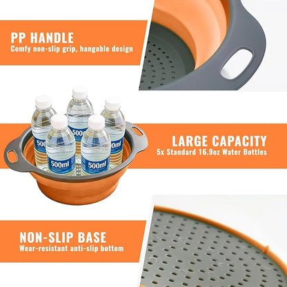 2 Pack Collapsible Silicone Colander with Handle, Over Sink Foldable Food Strainer, BPA-Free Space Saving Drain Basket for Vegetables, Fruits, Pasta, Kitchen & Camping (Orange) - Image 5