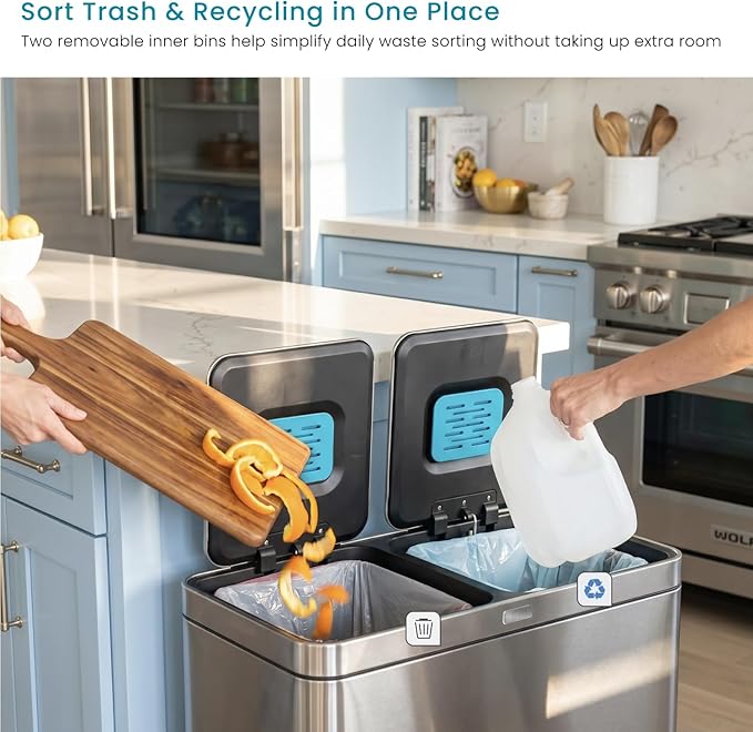 Home Zone Living 16 Gallon Kitchen Trash Can with Dual Compartments for Recycling, CleanAura Odor Control, Stainless Steel, Silver, 60 Liters Total