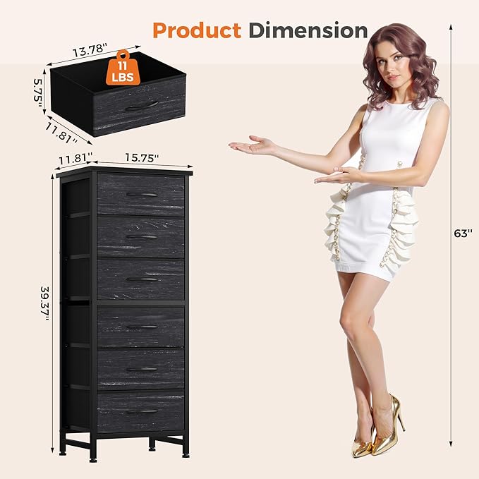 Sweetcrispy Tall Fabric Dresser for Bedroom, 6 Drawer Skinny Chest of Drawers, Narrow Storage Tower with Wood Top and Metal Frame,Bedroom Organization Furniture, Black Wood Grain