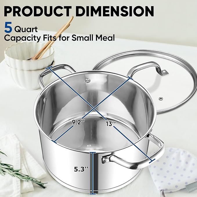 TeamFar 5 QT Stock Pot, Tri-ply Bottom Stainless Steel Stockpot Cooking Soup Pasta Pot with Lid for Gas/Induction/Electric Stoves, Non-toxic & Heavy Duty, Double Handles & Dishwasher Safe - Image 2