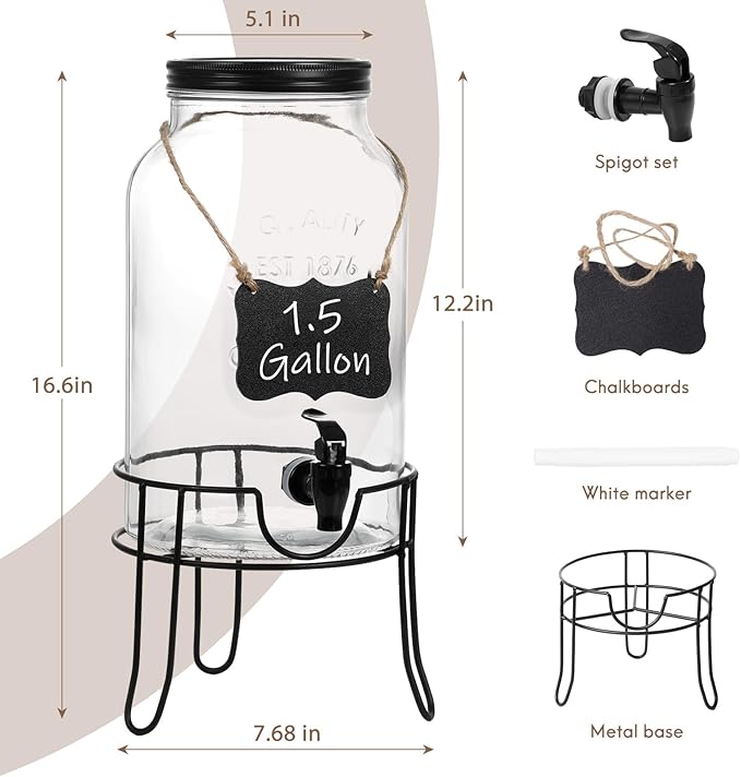 1.5 Gallon Glass Drink Dispensers for Parties, Ice Beverage Dispensers with Stand, Glass Water Dispenser with Spigot, Laundry Detergent Dispenser, Lemonade Dispenser - Image 2