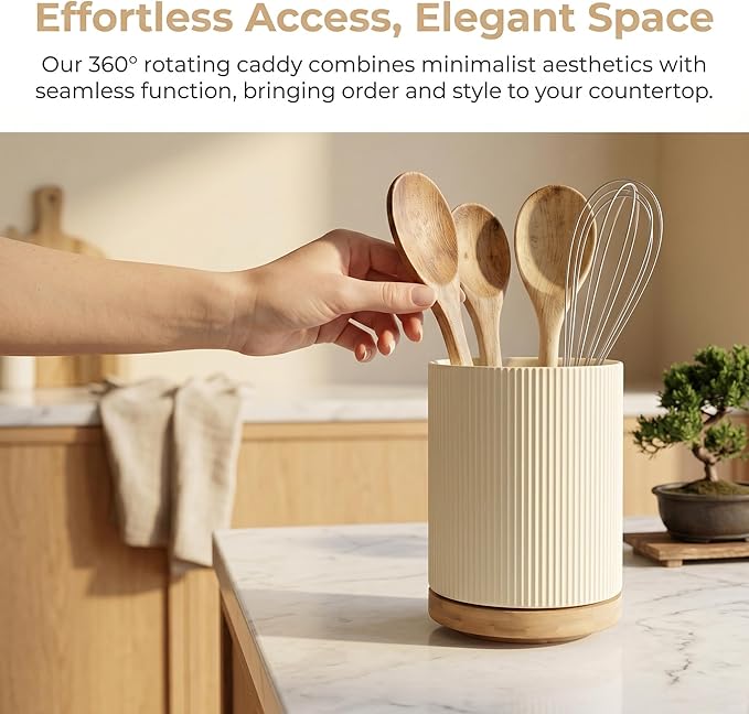 QUELIEN Utensil Holder, 360° Rotating Ceramic Kitchen Utensil Holder for Countertop, 7.7" Utensil Crock for Kitchen Counter with Rotatable Wooden Base,Ideal Housewarming Gift & Mothers Day Gift