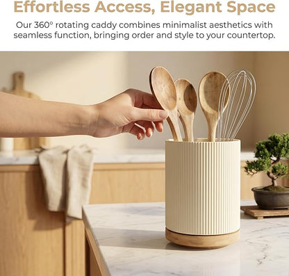 QUELIEN Utensil Holder, 360° Rotating Ceramic Kitchen Utensil Holder for Countertop, 7.7" Utensil Crock for Kitchen Counter with Rotatable Wooden Base,Ideal Housewarming Gift & Mothers Day Gift