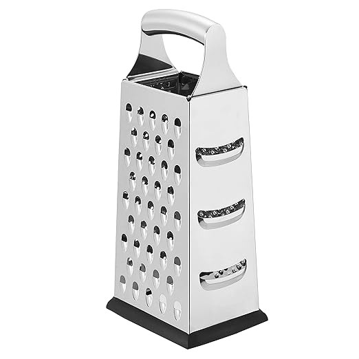 Amazon Basics Rectangular 4-Sided Box Cheese Grater and Shredder, Stainless Steel, Handheld, for Vegetables, Zester, Non-Slip Base, Dishwasher-Safe, 9 inch, Black by AmazonBasics