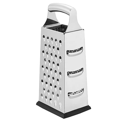 Amazon Basics Rectangular 4-Sided Box Cheese Grater and Shredder, Stainless Steel, Handheld, for Vegetables, Zester, Non-Slip Base, Dishwasher-Safe, 9 inch, Black by AmazonBasics