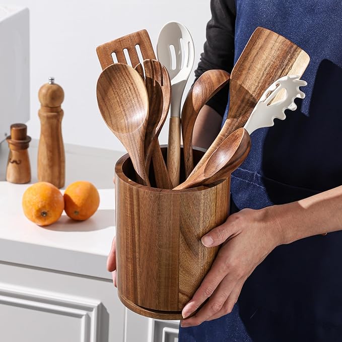 Wooden Utensil Holder, 360°Rotating 7.3'' Large Utensil Holder for Kitchen Counter, Kitchen Utensil Organizer, Utensil Crock, Farmhouse Kitchens Countertop Decor, Acacia Wood - Image 7