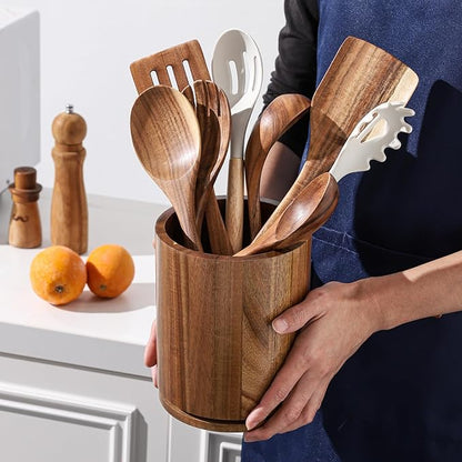 Wooden Utensil Holder, 360°Rotating 7.3'' Large Utensil Holder for Kitchen Counter, Kitchen Utensil Organizer, Utensil Crock, Farmhouse Kitchens Countertop Decor, Acacia Wood - Image 7