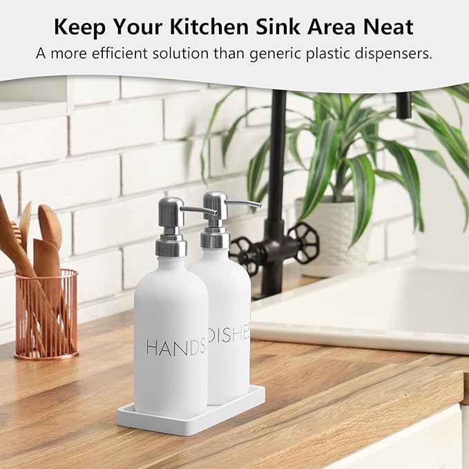 White Dish and Hand Soap Dispenser Set - Glass Kitchen Soap Dispenser with Tray and Stainless Steel Pump - for White Kitchen Decor and Accessories