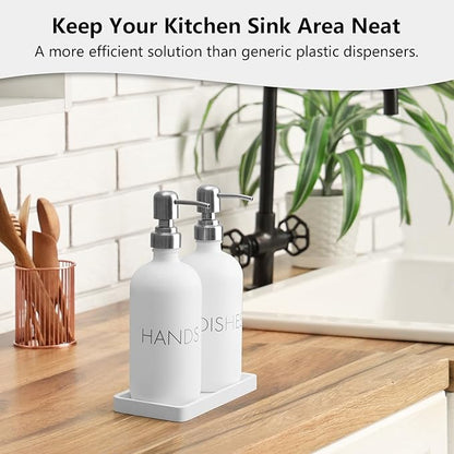 White Dish and Hand Soap Dispenser Set - Glass Kitchen Soap Dispenser with Tray and Stainless Steel Pump - for White Kitchen Decor and Accessories