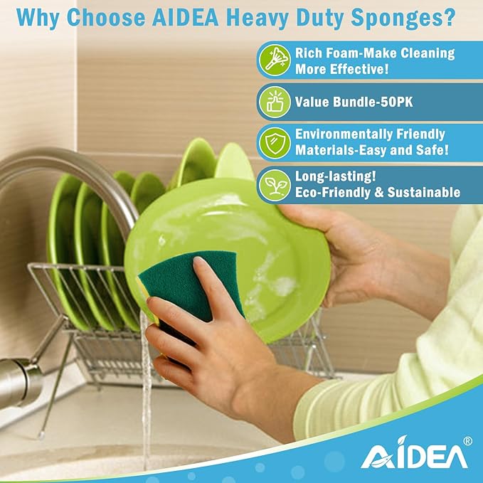 AIDEA Sponges Kitchen, 50 Pack Heavy Duty Dish Sponge, Cleaning Dish Scrubber Sponge for Home and Kitchen, Stink-Free Cleaning Supplies for Pots, Pans - Image 4