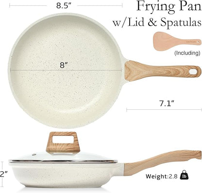 ESLITE LIFE Nonstick Ceramic Frying Pan Skillet with Lid, Non-Toxic Egg Omelette Kitchen Cooking Pans Compatible with All Stovetops (Gas, Electric & Induction), PTFE & PFOA Free (White, 8" w/Lid) - Image 2