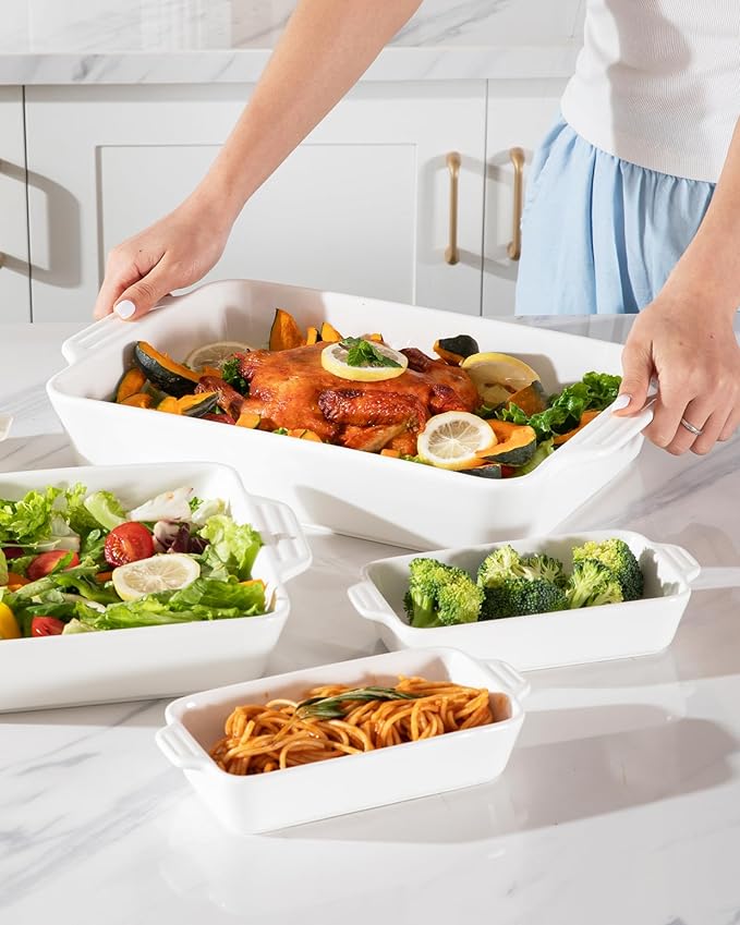 Sweejar Ceramic Bakeware Set of 4, Casserole Dishes for Oven, Rectangular Baking Dish with Handles, Lasagna Pans Deep for Cooking, Gratin, Roasting, Banquet and Daily Use (White) - Image 6