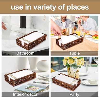 Rustic Wood Paper Towel Holder for Bathroom & Kitchen - Modern Farmhouse Napkin Holder with Basket - Disposable Hand Towels Tray