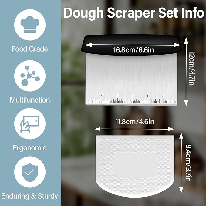 Ecavria Bench Scraper, Premium Stainless Steel Dough Scraper with 2 PCS Flexible Bowl Scraper, Dough Cutter with Measuring Scale, Versatile Kitchen Scraper Set for Pastry Bread Pizza Cake - Image 4