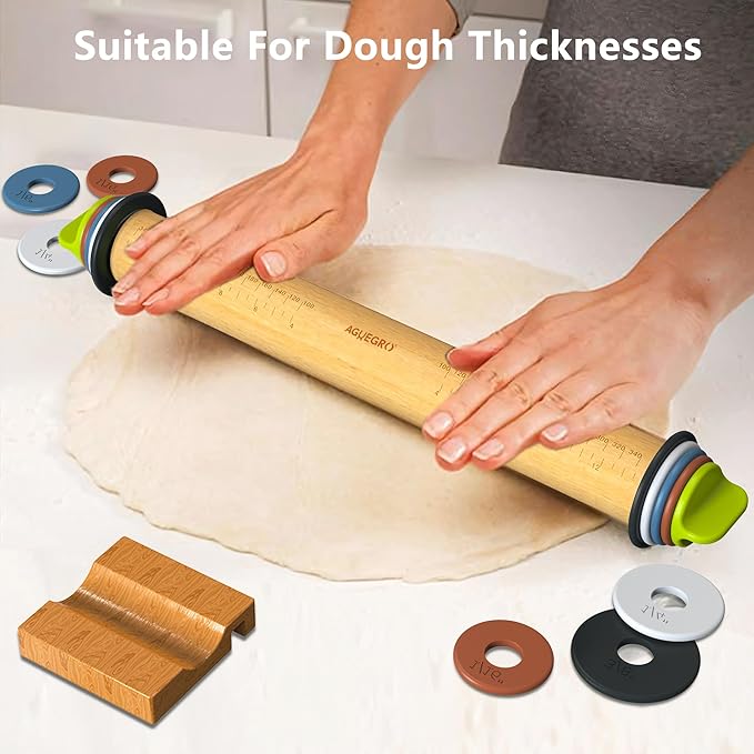 Rolling Pin with Adjustable Thickness Ring, Dough Thickness for Baking, Fondant, Pizza, Crust, Cookies, Pastry, 13.6" Wooden Rolling Pin with 4 Multi-Color Thickness Rings and Wooden Stand - Image 2
