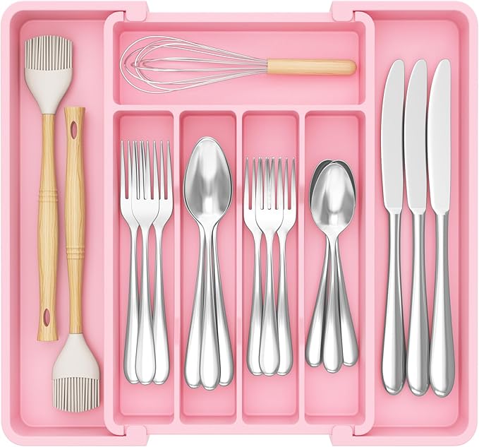 Lifewit Silverware Drawer Organizer, Expandable Utensil Tray for Kitchen, BPA Free Flatware and Cutlery Holder, Adjustable Plastic Storage for Spoons Forks Knives, 8.5"-14.1" x 12.1", Pink by Lifewit