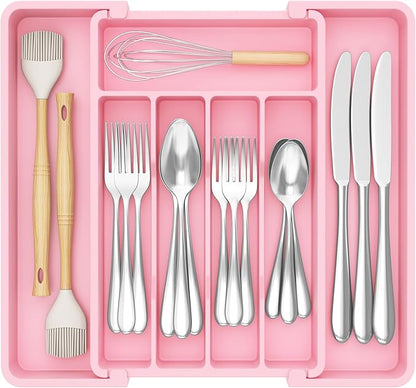 Lifewit Silverware Drawer Organizer, Expandable Utensil Tray for Kitchen, BPA Free Flatware and Cutlery Holder, Adjustable Plastic Storage for Spoons Forks Knives, 8.5"-14.1" x 12.1", Pink by Lifewit