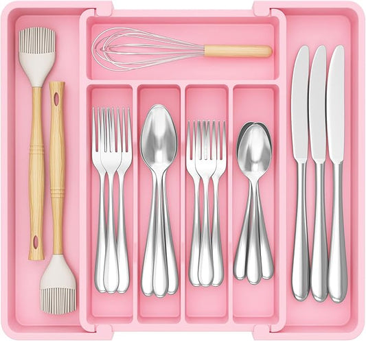 Lifewit Silverware Drawer Organizer, Expandable Utensil Tray for Kitchen, BPA Free Flatware and Cutlery Holder, Adjustable Plastic Storage for Spoons Forks Knives, 8.5"-14.1" x 12.1", Pink by Lifewit