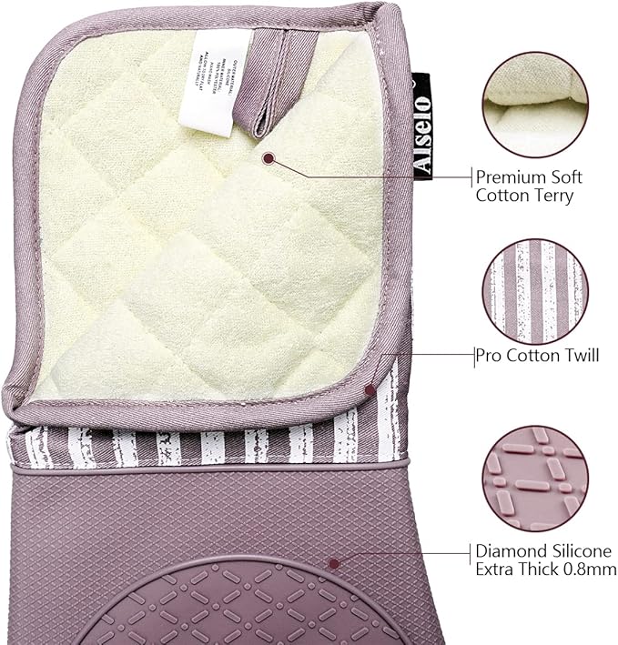 Alselo Silicone Oven Mitts Heat Resistant 932℉ with Waterproof & Non-Slip Kitchen Mittens, Set of 2 Extra Long Oven Gloves with Soft Cotton Terry Lining for Baking Cooking Barbecue(2, Purple Mitts) - Image 5