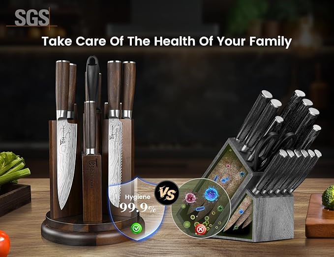 SYOKAMI 2026 Upgrade Knife Set 14 Piece Japanese Style Kitchen Knife Set With 360° Rotatable Magnetic Block, Sharp High Carbon Stainless Steel Knives Sets with Steak Knives and Sharpener, Gift for Mom - Image 3
