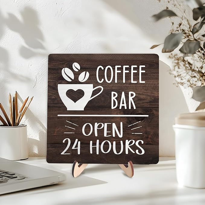 Coffee Bar Sign Plaque Decor, Vintage Farmhouse Kitchen Counter Sign for Coffee Station Kitchen Office,Cafe Bar Accessories, Open 24 Hours Mini Bar Decor(Brown4, 5.9x5.9inches) - Image 3