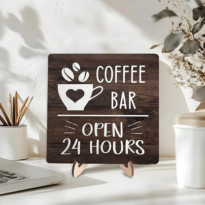Coffee Bar Sign Plaque Decor, Vintage Farmhouse Kitchen Counter Sign for Coffee Station Kitchen Office,Cafe Bar Accessories, Open 24 Hours Mini Bar Decor(Brown4, 5.9x5.9inches) - Image 3